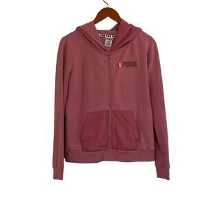 PINK Victoria's Secret Rose/Mauve/Pink Zip Up Hoodie, Satin Hood, Stripe, L